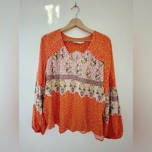 Anthropologie Maeve Orange Peasant V Neck Blouse